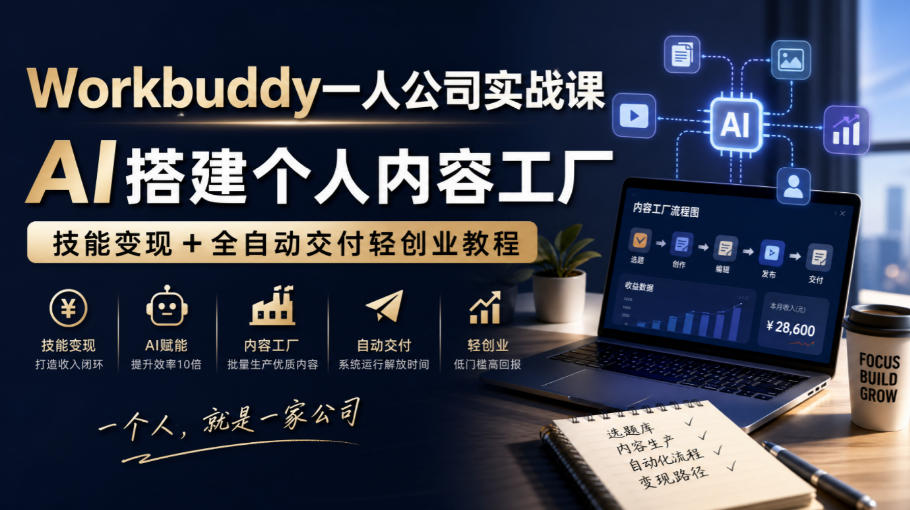 Workbuddy一人公司实战课，AI搭建个人内容工厂，技能变现+全自动交付轻创业教程​-云创网