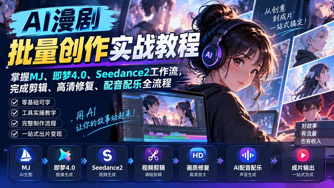 AI漫剧批量创作实战教程：掌握MJ、即梦4.0、Seedance2工作流，完成剪辑、高清修复、配音配乐全流程-云创网