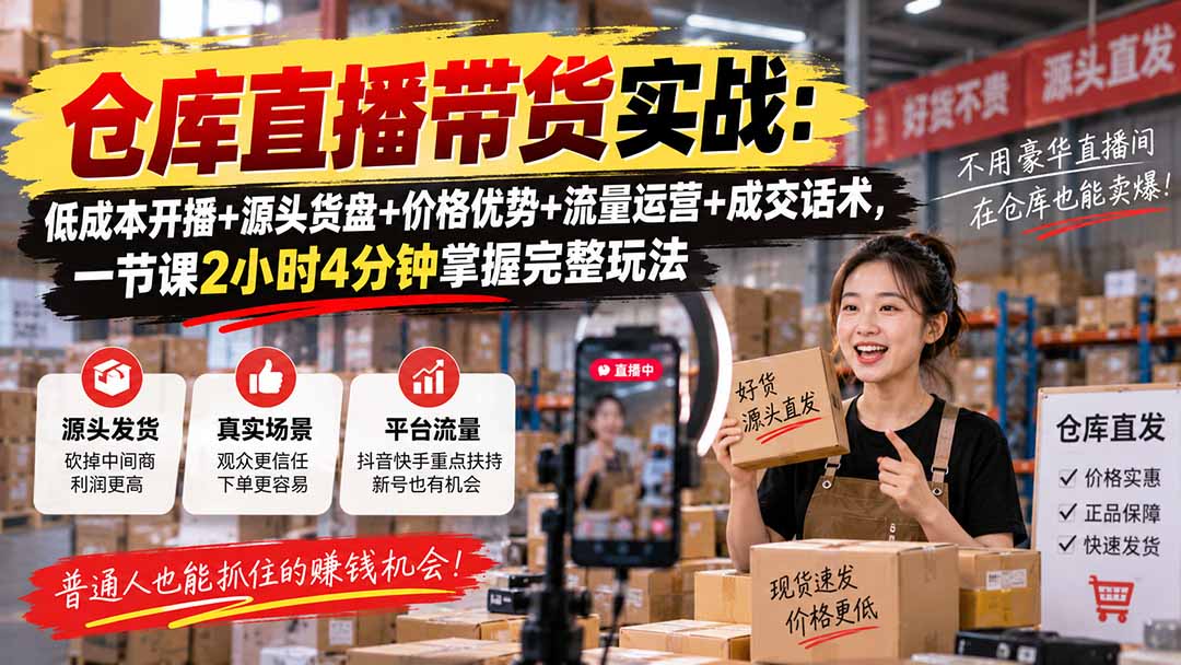 仓库直播带货实战：低成本开播+源头货盘+价格优势+流量运营+成交话术，一节课2小时4分钟掌握完整玩法-云创网