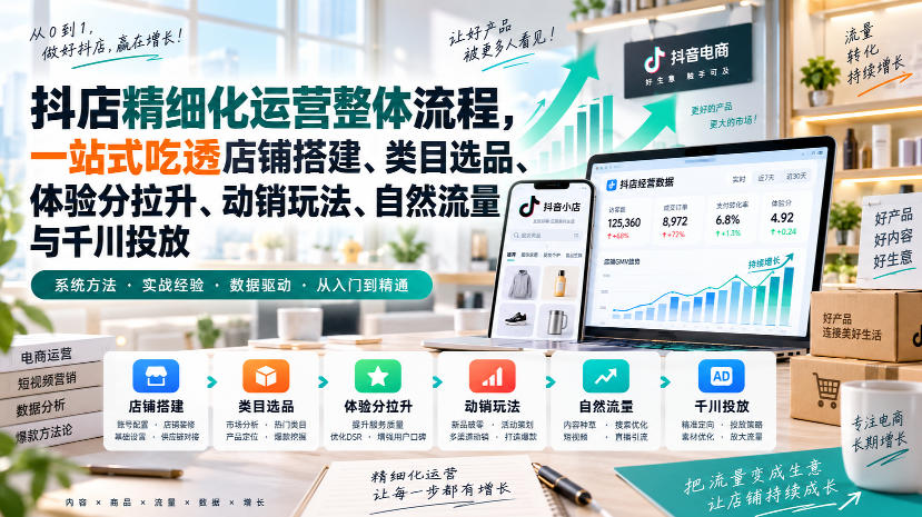 李哥电商-抖店精细化运营整体流程，一站式吃透店铺搭建、类目选品、体验分拉升、动销玩法、自然流量与千川投放-云创网