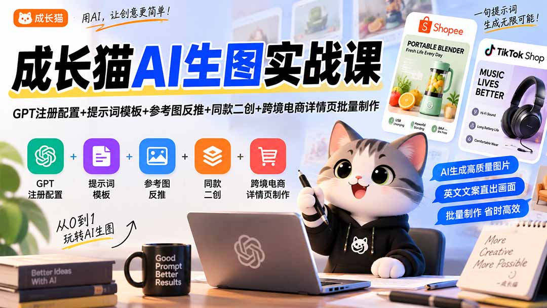 成长猫AI生图实战课｜GPT注册配置+提示词模板+参考图反推+同款二创+跨境电商详情页批量制作-云创网