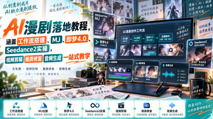 AI漫剧落地教程，涵盖工作流搭建、MJ、即梦4.0、Seedance2实操，视频剪辑画质修复音频生成一站式教学-云创网