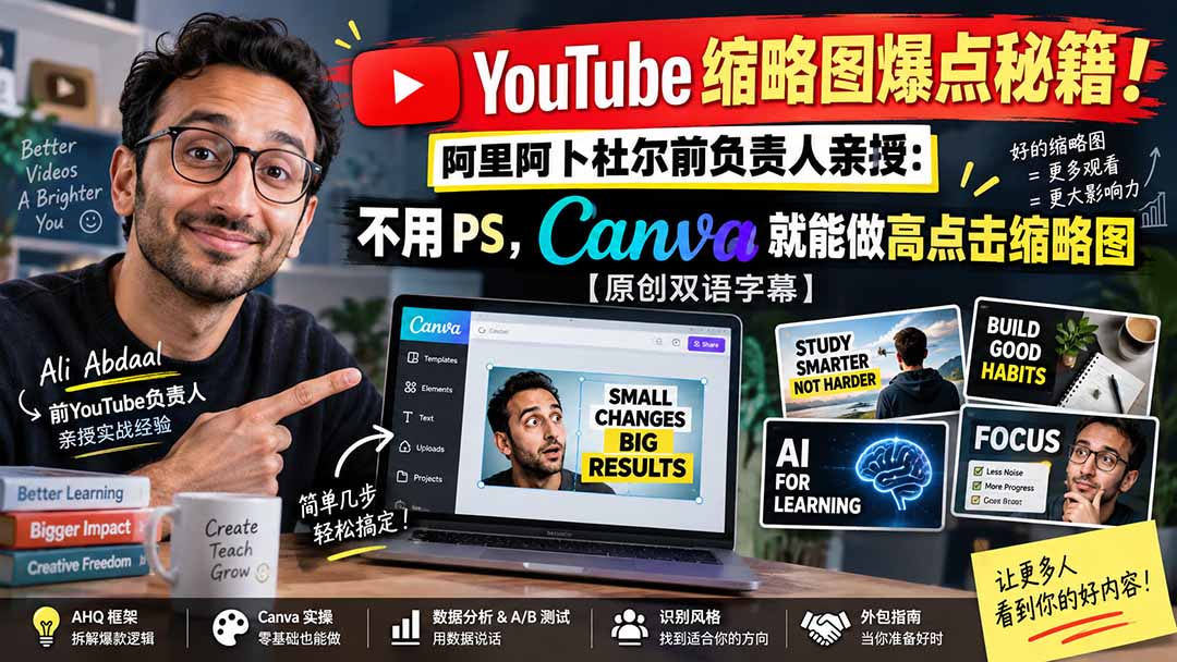 YouTube 缩略图爆点秘籍！阿里阿卜杜尔前负责人亲授：不用 PS，Canva 就能做高点击缩略图【原创双语字幕】-云创网