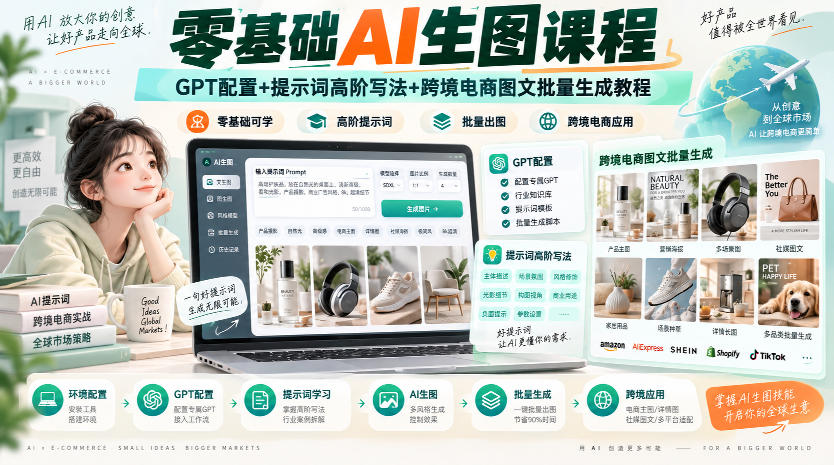 零基础AI生图课程，GPT配置+提示词高阶写法+跨境电商图文批量生成教程-云创网