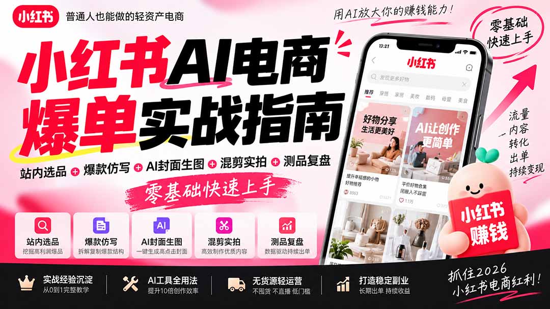 2026小红书AI电商爆单实战指南：站内选品+爆款仿写+AI封面生图+混剪实拍+测品复盘，零基础快速上手-云创网