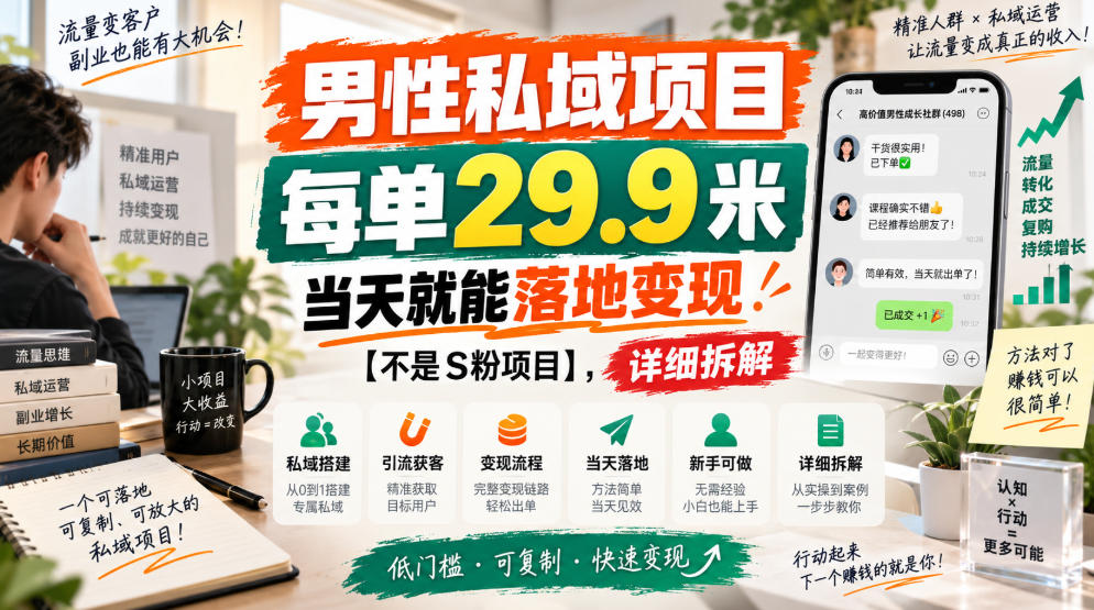 男性私域项目，每单29.9米，当天就能落地变现【不是S粉项目】，详细拆解-云创网