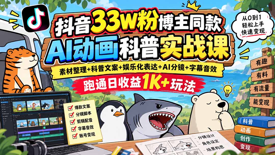 抖音33W粉博主同款AI动画科普实战课｜素材整理+科普文案+娱乐化表达+AI分镜+字幕音效，跑通日收益1K+玩法-云创网