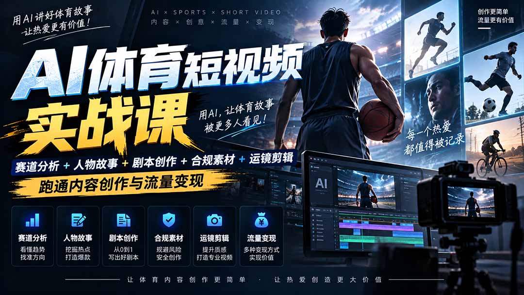 AI体育短视频赛道顶级玩法｜赛道分析+人物故事+剧本创作+版权处理+运镜剪辑，跑通流量变现-日赚1K+-云创网