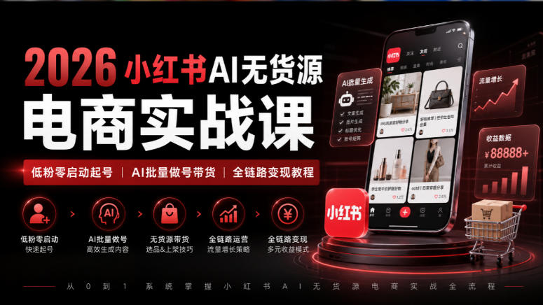 2026小红书AI无货源电商实战课｜低粉零启动起号｜AI批量做号带货全链路变现教程-云创网