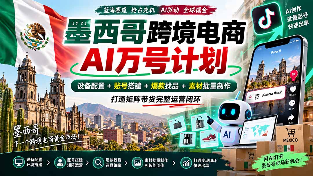 墨西哥AI跨境电商万号计划｜设备配置+账号搭建+爆款找品+素材批量制作，打通矩阵带货完整运营闭环-云创网