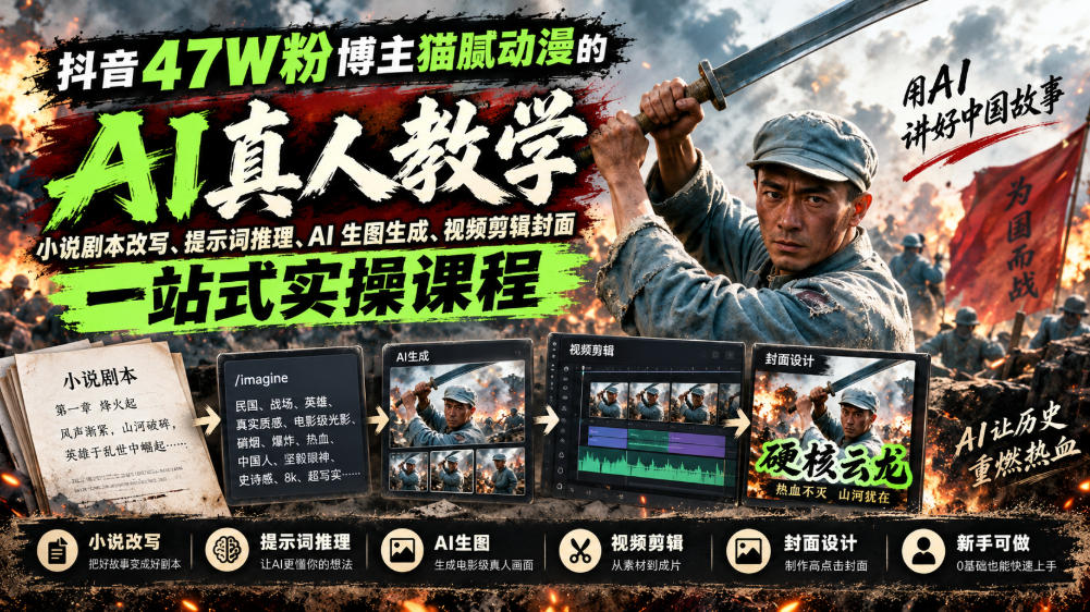 抖音47W粉博主猫腻动漫的AI真人漫剧教学，小说剧本改写、提示词推理、AI生图生成、视频剪辑封面一站式实操课程-云创网