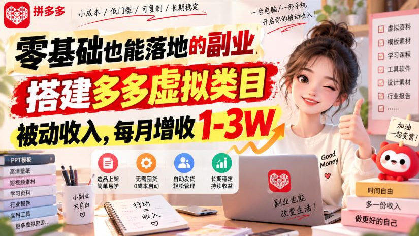 零基础也能落地的副业，搭建多多虚拟类目被动收入，每月增收1-3W【揭秘】-云创网