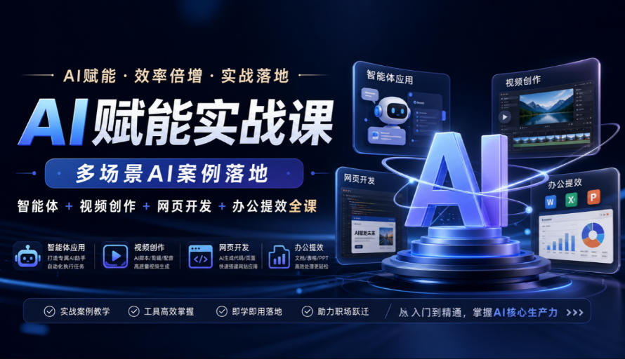 AI赋能实战课，多场景AI案例落地，智能体+视频创作+网页开发+办公提效全课-云创网