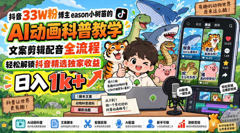 抖音33W粉博主eason小树苗的AI动画科普教学，文案剪辑配音全流程，轻松解锁抖音精选独家收益，日入1k+-云创网