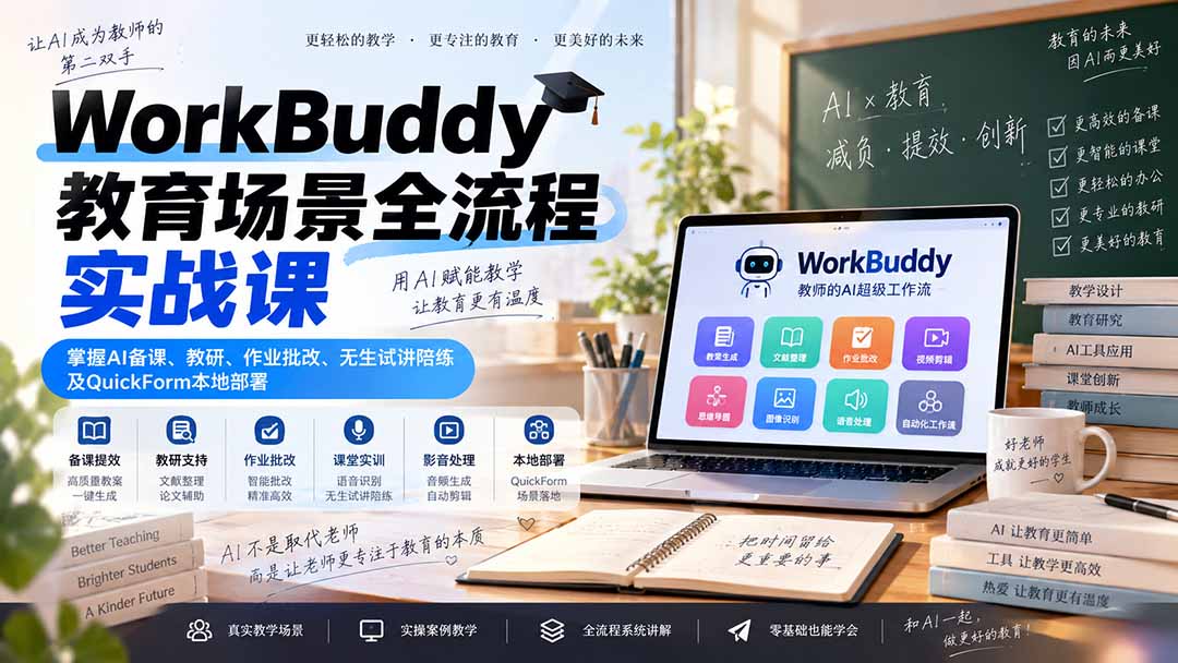 WorkBuddy教育场景全流程实战课：掌握AI备课、教研、作业批改、无生试讲陪练及QuickForm本地部署-云创网