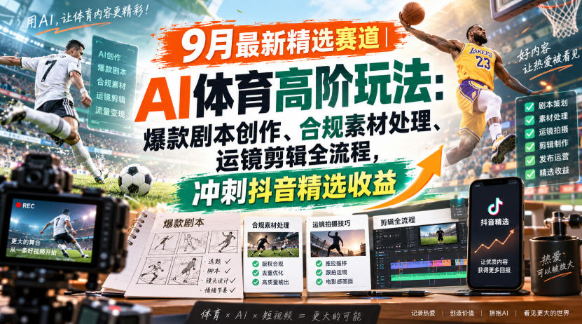 某大佬的9月最新精选赛道之AI体育顶级玩法，爆款剧本创作、版权规避、运镜剪辑全流程，稳拿抖音精选收益-云创网