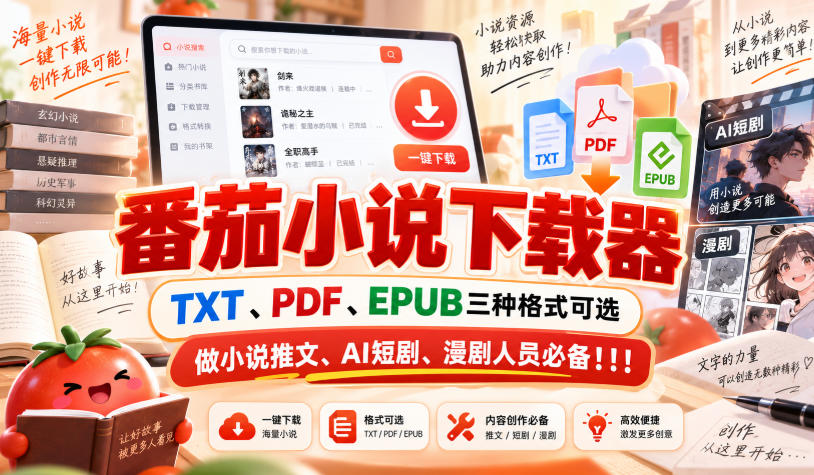 番茄小说下载器，TXT、PDF、EPUB三种格式可选，做小说推文、AI短剧、漫剧人员必备！！！-云创网