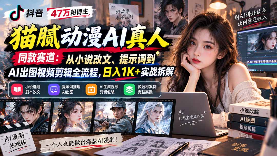 抖音47万粉博主猫腻动漫AI真人同款赛道：从小说改文、提示词到AI出图视频剪辑全流程，日入1K+实战拆解-云创网
