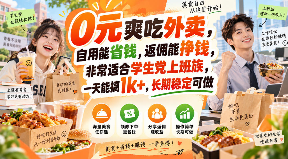 0元爽吃外卖，自用能省钱，返佣能挣钱，非常适合学生党上班族，一天能搞1k+，长期稳定可做-云创网