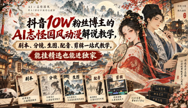 抖音10W粉丝博主满堂诡事的AI志怪国风动漫解说教学，剧本、分镜、生图、配音、剪辑一站式教学，能挂精选也能进独家​-云创网