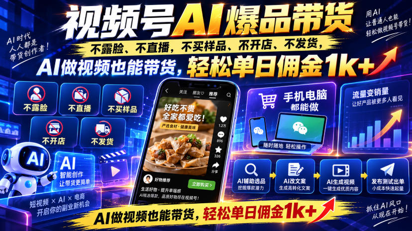 视频号Ai爆品带货，不露脸、不直播、不买样品、不开店、不发货，AI做视频也能带货，轻松单日佣金1k+-云创网