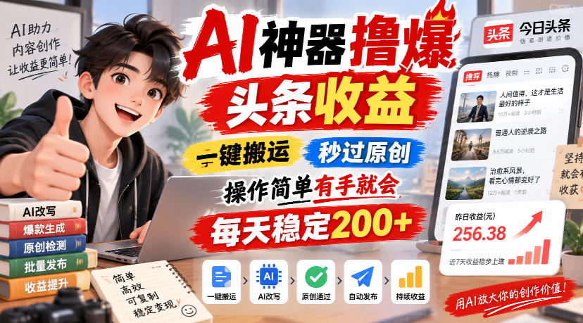 AI神器撸爆头条收益，一键搬运，秒过原创，操作简单有手就会，每天稳定200+【揭秘】-云创网
