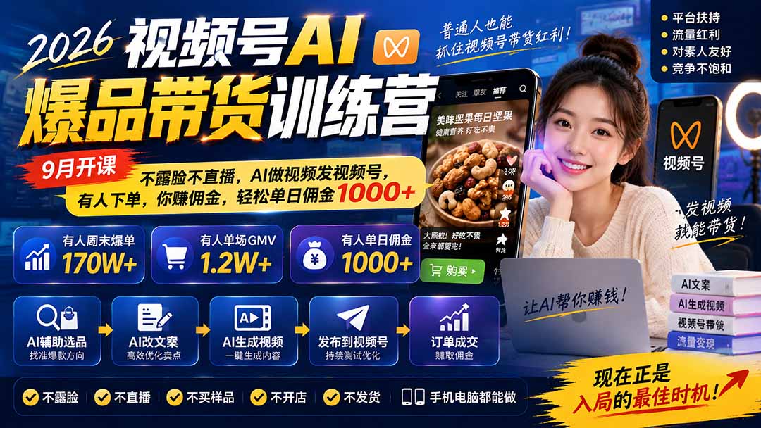 图片[1]-2026视频号AI爆品带货训练营-9月开课｜不露脸不直播，AI做视频发视频号，有人下单，你赚佣金，轻松单日佣金1000+-云创网
