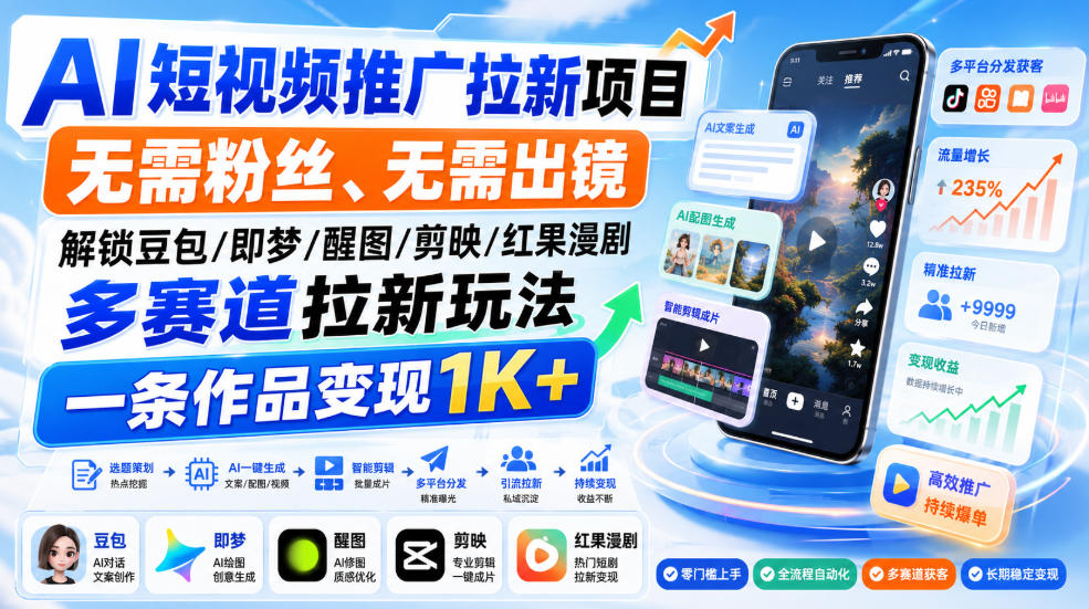AI短视频推广拉新项目，无需粉丝、无需出镜，解锁豆包/即梦/醒图/剪映/红果漫剧多赛道拉新玩法，一条作品变现1K+(更新0918)-云创网