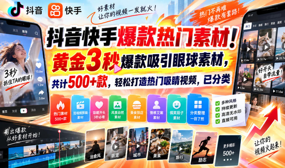 抖音快手爆款热门素材！黄金3秒爆款吸引眼球素材，共计500+款，轻松打造热门吸睛视频，已分类-云创网