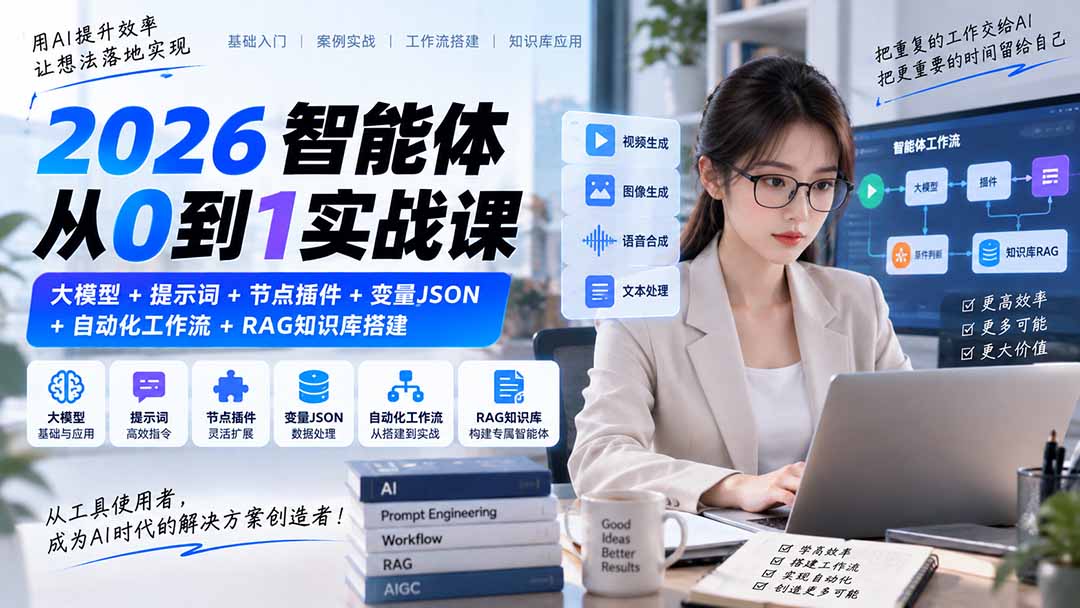 2026智能体从0到1实战课｜大模型+提示词+节点插件+变量JSON+自动化工作流+RAG知识库搭建-云创网