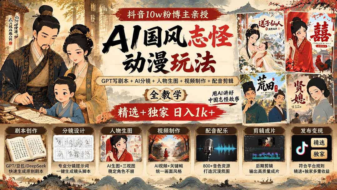 抖音10w粉博主亲授AI国风志怪动漫玩法｜GPT写剧本+AI分镜+人物生图+视频制作+配音剪辑全教学｜精选+独家日入1k+-云创网