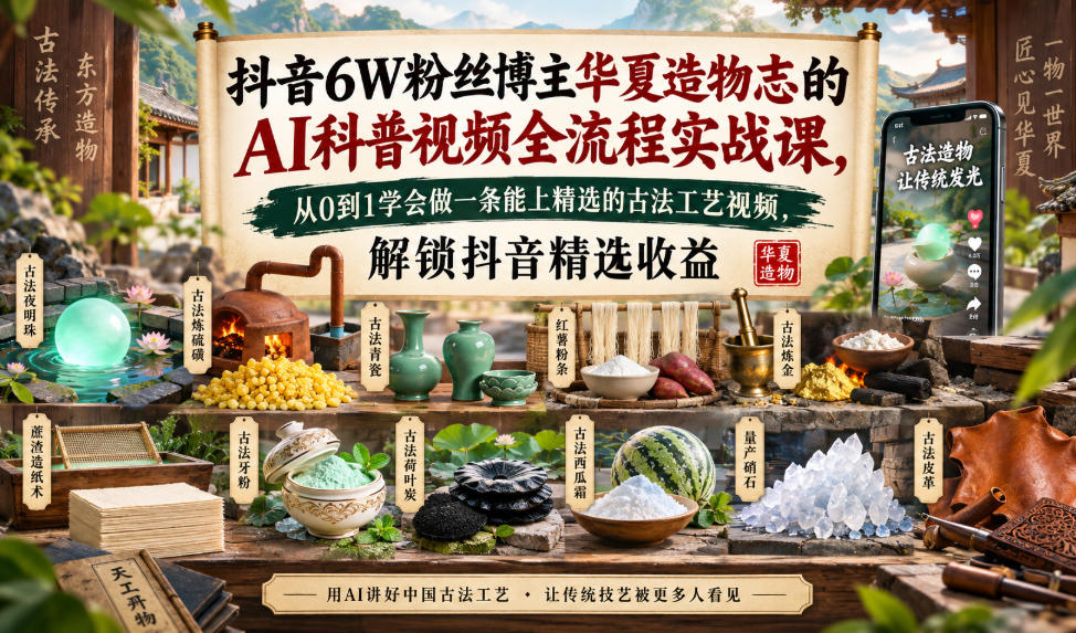抖音6W粉丝博主华夏造物志的AI科普视频全流程实战课，从0到1学会做一条能上精选的古法工艺视频，解锁抖音精选收益-云创网