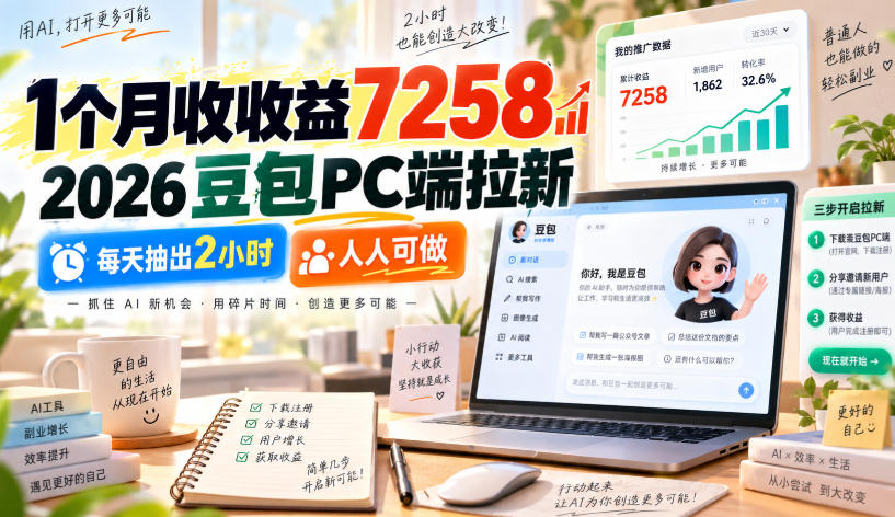 1个月收收益7258，2026豆包PC端拉新，每天抽出2小时，人人可做-云创网