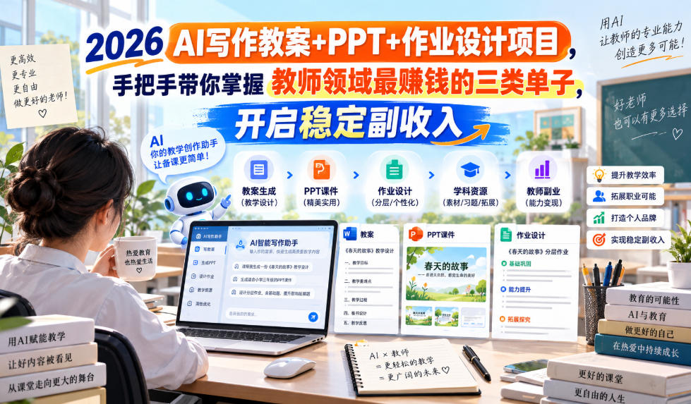 2026 AI写作教案+PPT+作业设计项目，手把手带你掌握教师领域最賺钱的三类单子，开启稳定副收入-云创网