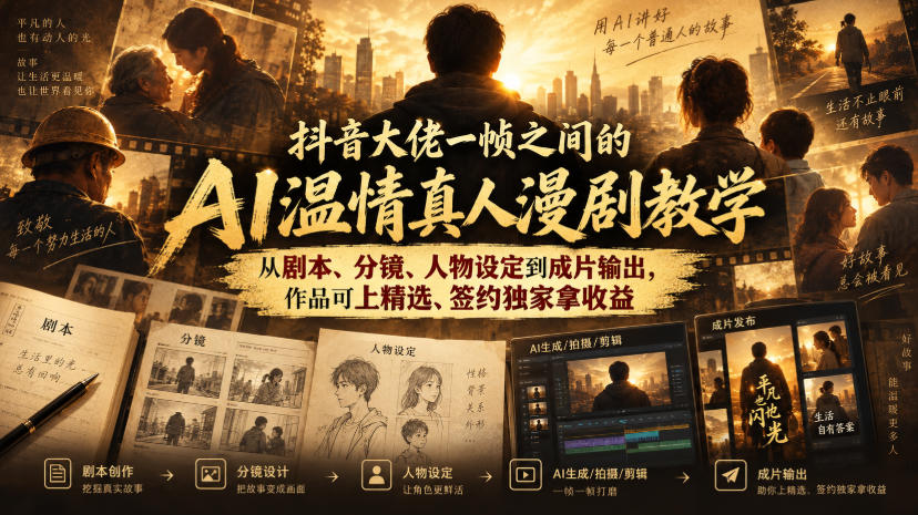 抖音大佬一帧之间的AI温情真人漫剧教学，从剧本、分镜、人物设定到成片输出，作品可上精选、签约独家拿收益-云创网