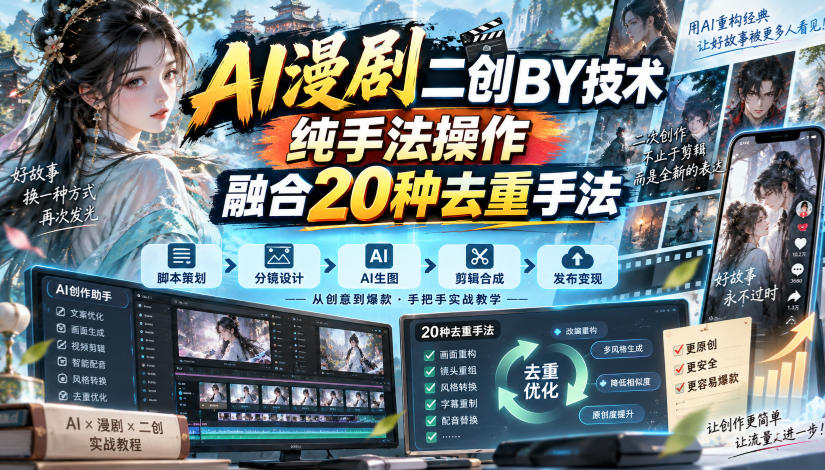 AI漫剧二创搬运技术，纯手法操作，融合20种去重手法-云创网