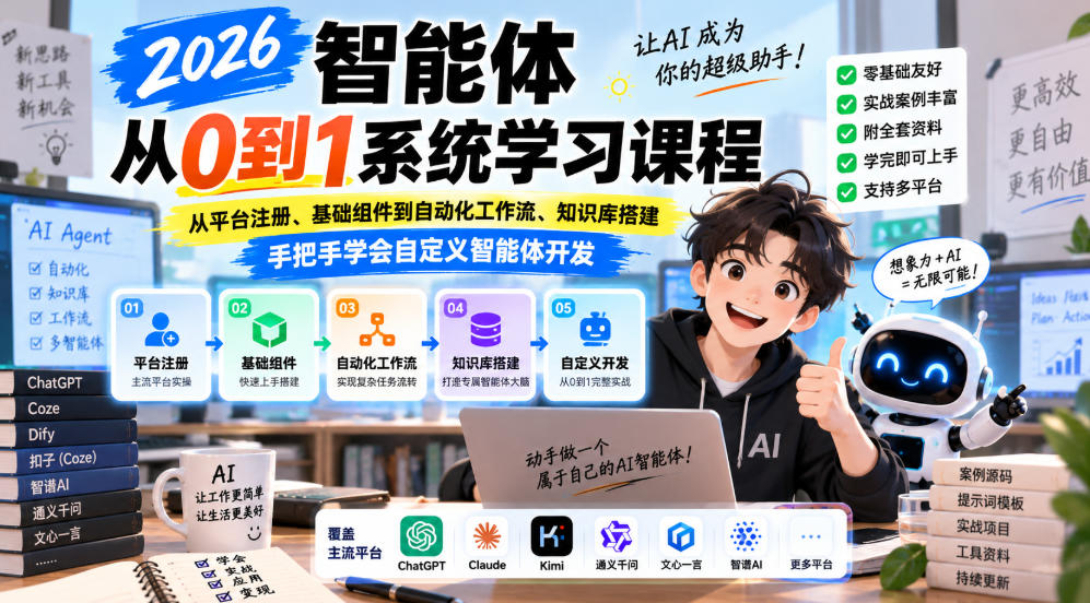 2026智能体从0到1系统学习课程，从平台注册、基础组件到自动化工作流、知识库搭建，手把手学会自定义智能体开发-云创网