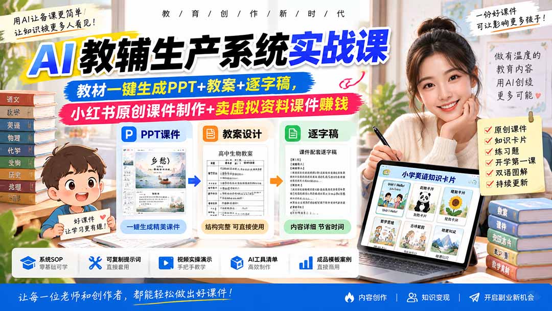 AI教辅生产系统实战课｜教材一键生成PPT+教案+逐字稿，小红书原创课件制作+卖虚拟资料课件赚钱-云创网