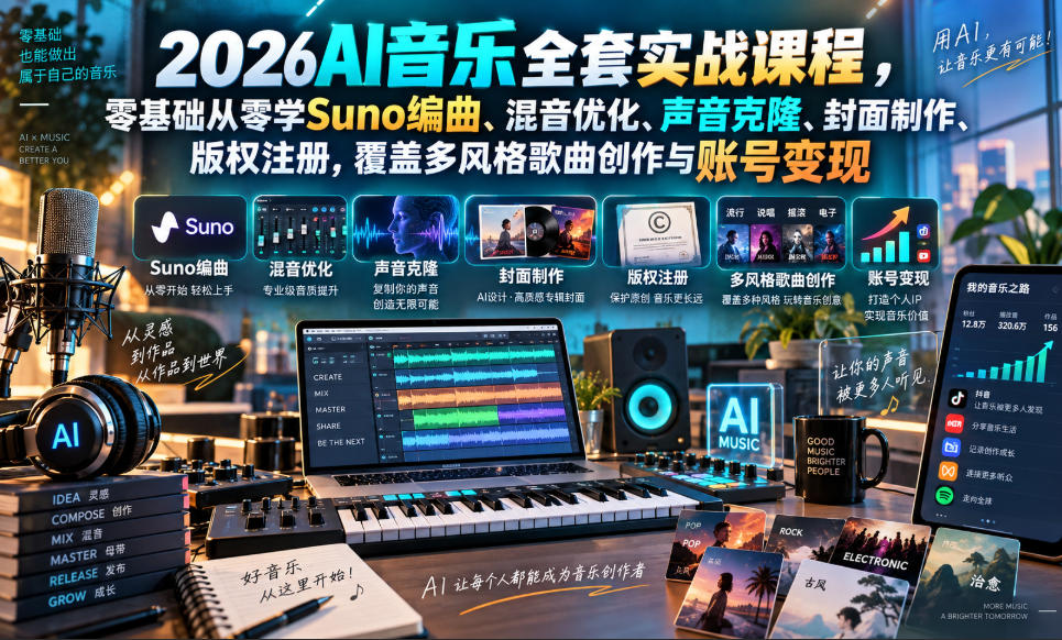2026AI音乐实战课程，零基础从零学Suno编曲、混音优化、声音克隆、版权注册，覆盖多风格歌曲创作与账号变现-云创网