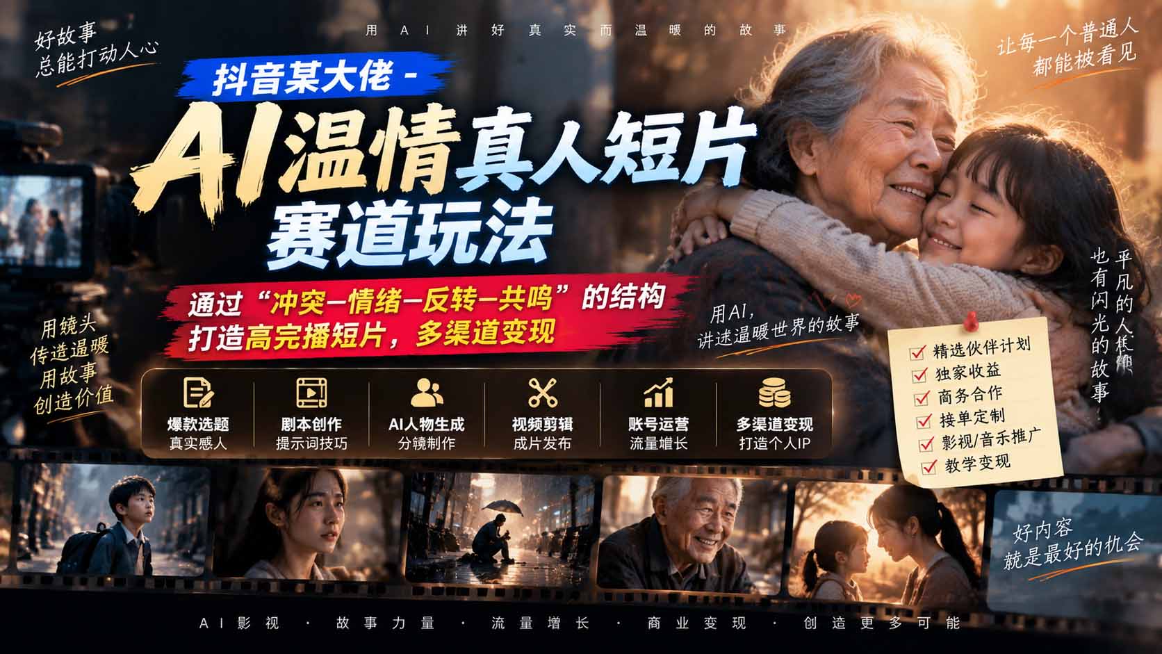 抖音某大佬-AI温情真人短片赛道玩法：通过“冲突—情绪—反转—共鸣”的结构打造高完播短片，多渠道变现-云创网
