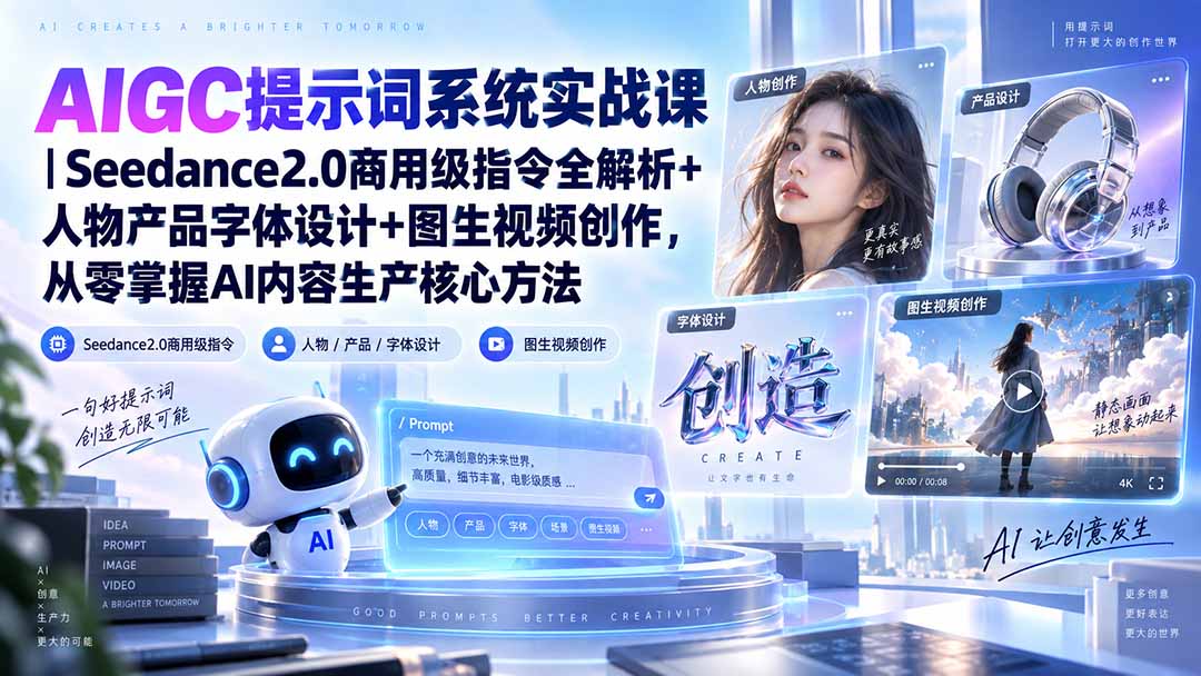 AIGC提示词系统实战课-无水印｜Seedance2.0商用级指令全解析+人物产品字体设计+图生视频创作，掌握AI内容生产方法-云创网