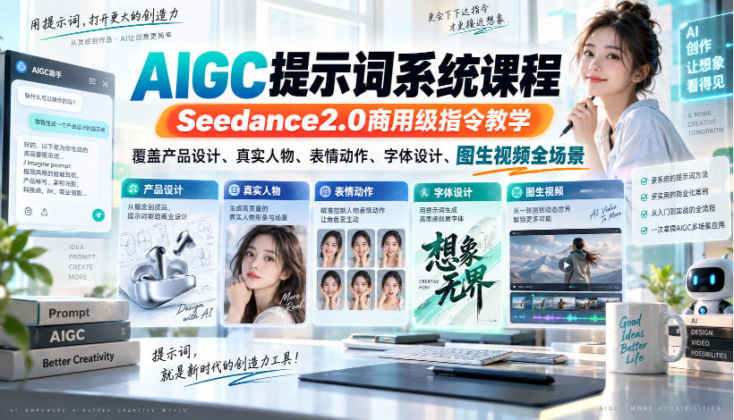 AIGC提示词系统课程，Seedance2.0商用级指令教学，覆盖产品设计、真实人物、表情动作、字体设计、图生视频全场景-云创网