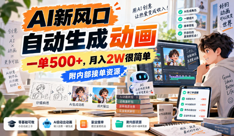 AI新风口，自动生成动画，一单500+，月入2W很简单，附内部接单资源【揭秘】-云创网