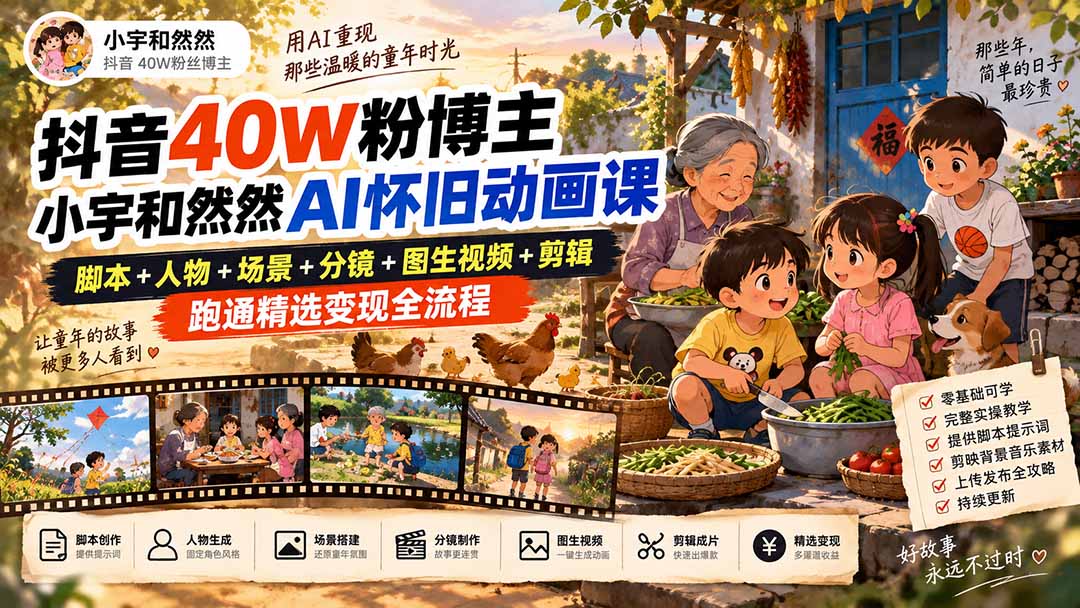抖音40W粉博主小宇和然然AI怀旧动画课｜脚本+人物+场景+分镜+图生视频+剪辑，跑通精选变现全流程-云创网