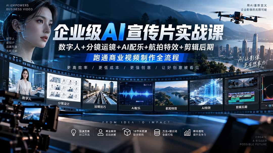 企业级AI宣传片实战课｜数字人+分镜运镜+AI配乐+航拍特效+剪辑后期，跑通商业视频制作全流程-云创网