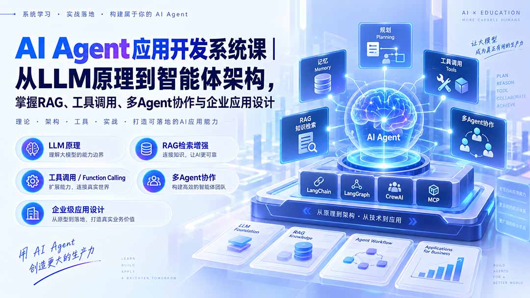 AI Agent应用开发系统课-179节｜从LLM原理到智能体架构，掌握RAG、工具调用、多Agent协作与企业应用设计-云创网