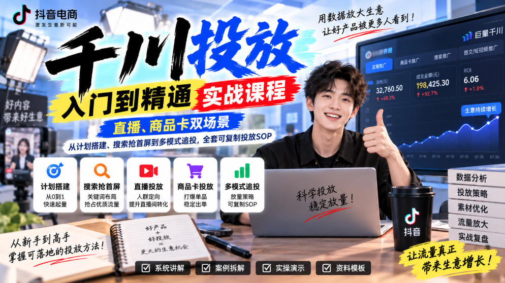 千川投放入门到精通实战课程，直播、商品卡双场景，从计划搭建、搜索抢首屏到多模式追投，全套可复制投放SOP-云创网