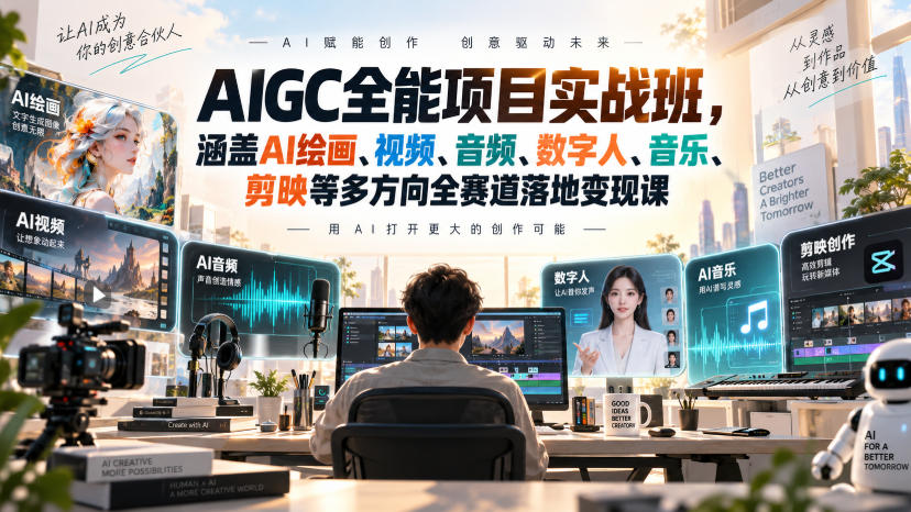 AIGC全能项目实战班，涵盖AI绘画、视频、音频、数字人、音乐、剪映等多方向全赛道落地变现课(更新)-云创网