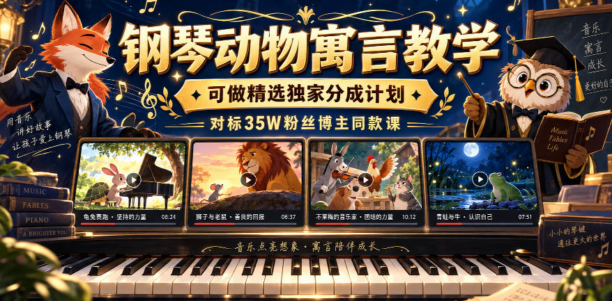 钢琴动物寓言教学，可做精选独家分成计划，对标35W粉丝博主同款课-云创网