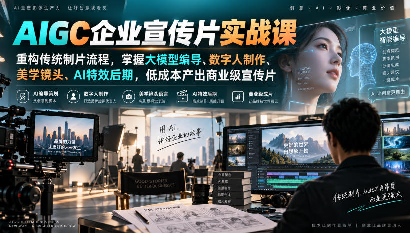 AIGC企业宣传片实战课，重构传统制片流程，掌握大模型编导、数字人制作、美学镜头、AI特效后期，低成本产出商业级宣传片-云创网